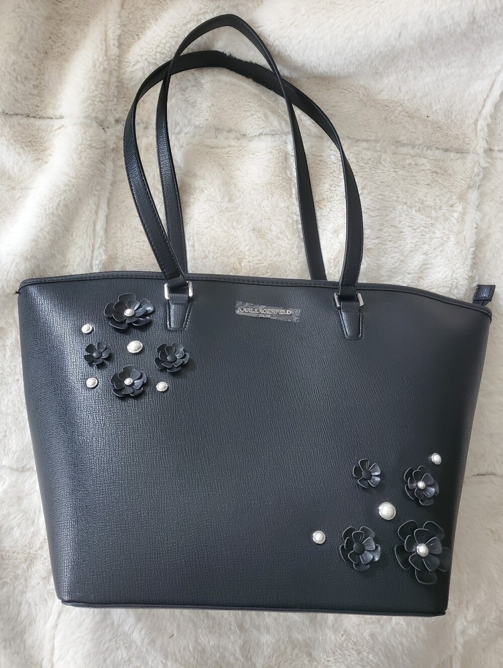 Karl Lagerfeld Black Floral Appliqué Tote Bag with Pearl Details